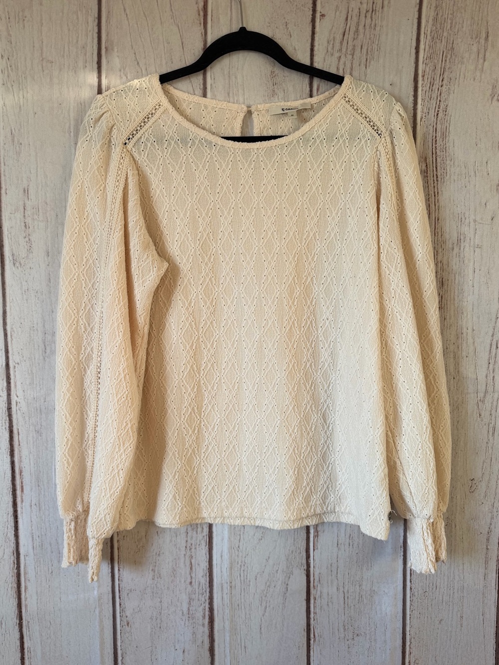 Garcia Cream Eyelet Diamond Pattern Long Sleeve Blouse Size M NWOT